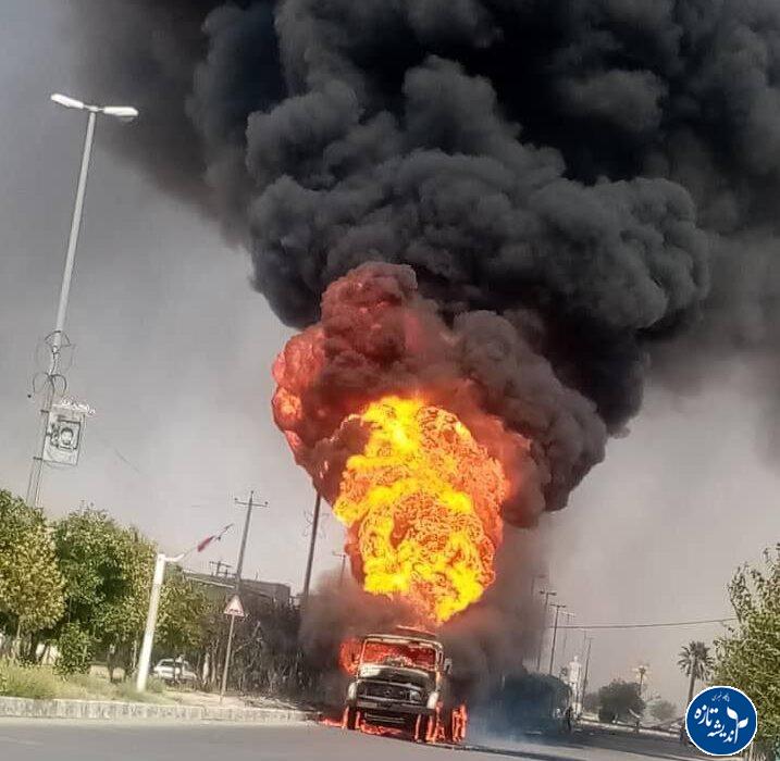 راننده کامیون با آتش به آتش نشانی رفت